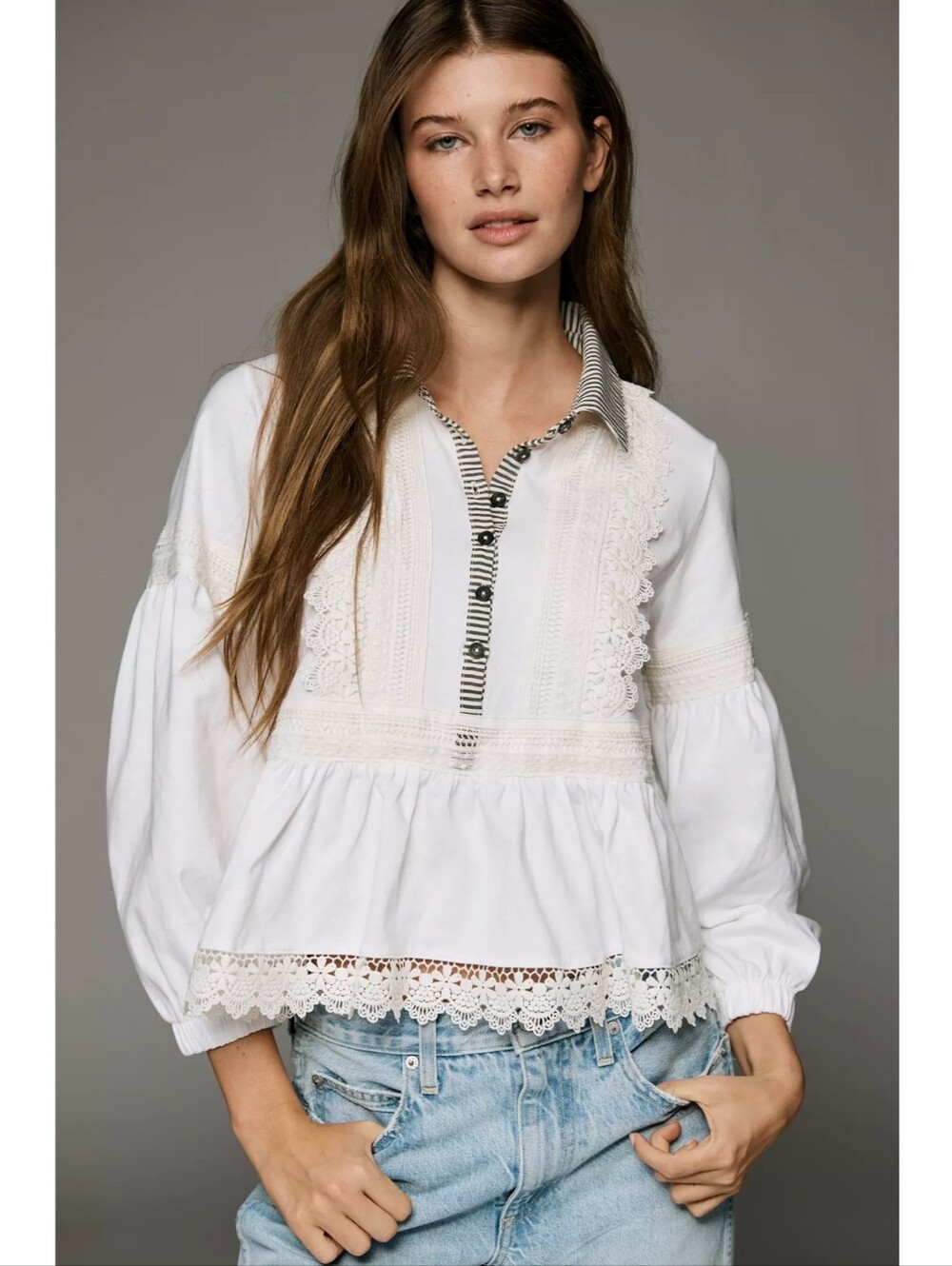 Anthropologie Maeve 100% Cotton Lace Placket Blouse Size XL